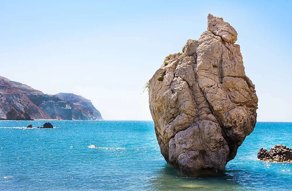 Petra tou Romiou rock formations rising from the turquoise Mediterranean Sea