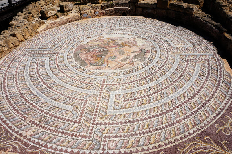 Circular Roman mosaic depicting mythological figures at Paphos Archaeological Park
