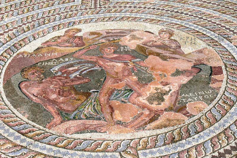Detailed Roman floor mosaic at the House of Theseus in Paphos Archaeological Park